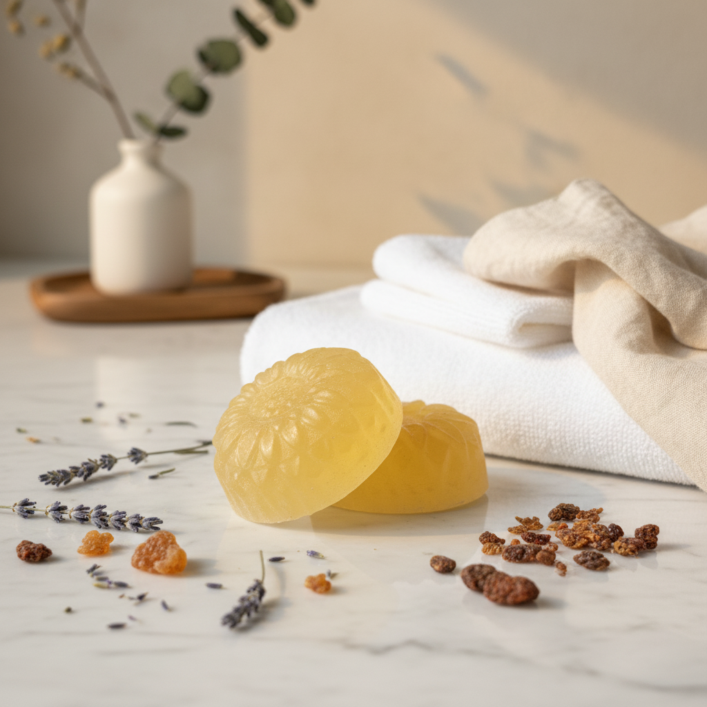 Two yellow circular soaps sit on a marble surface with lavender, small pebbles, a white cloth, and floral vases nearby.