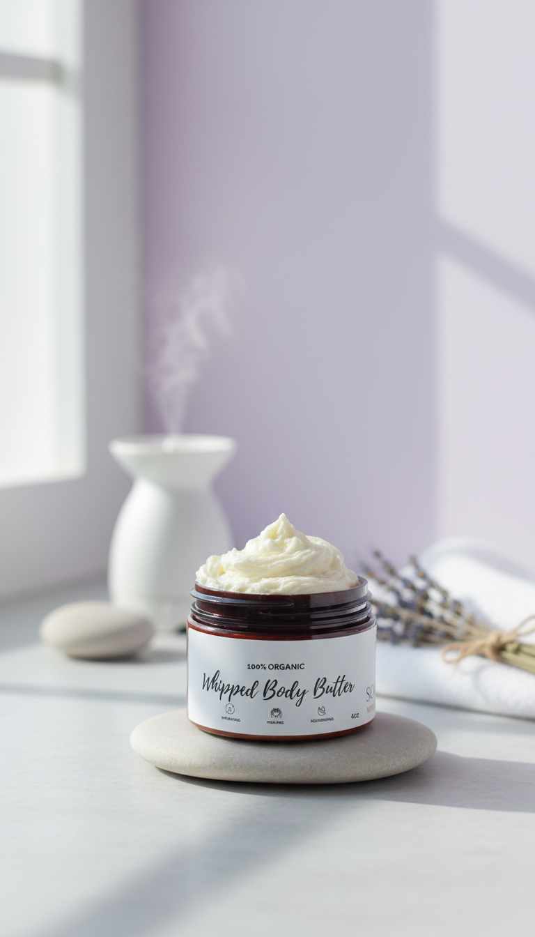 A jar of whipped body butter sits on a stone coaster next to a small, steaming diffuser and lavender sprigs.