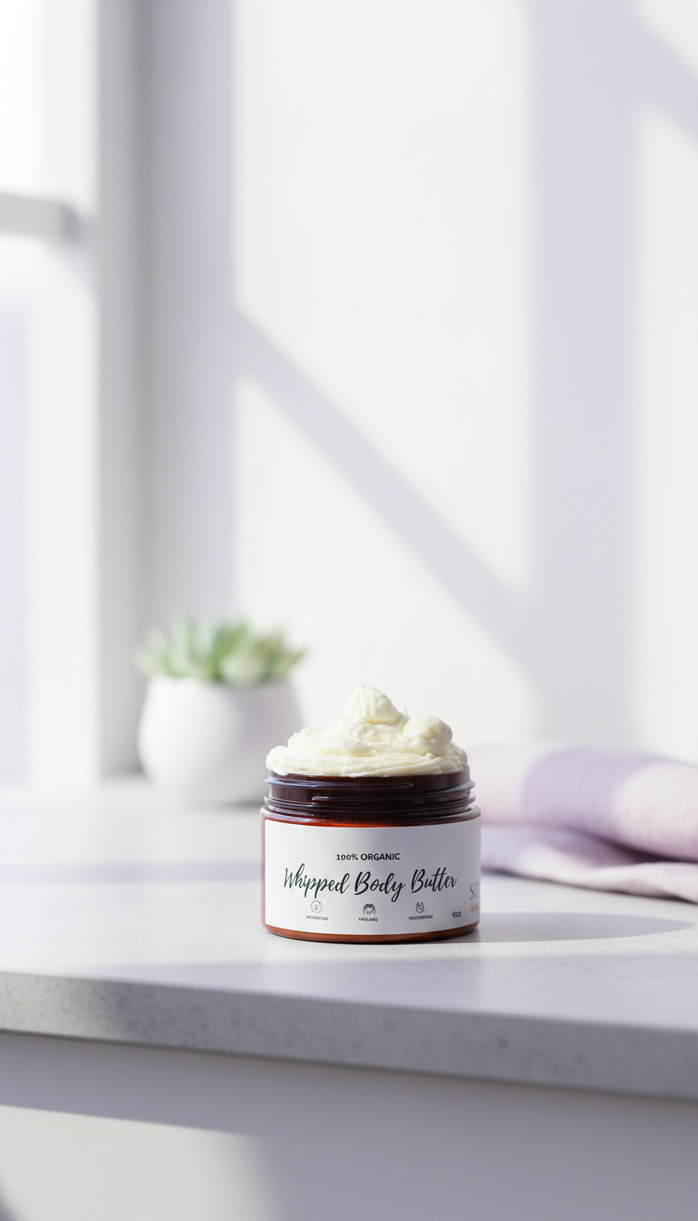 A jar of whipped body butter sits on a stone coaster next to a small, steaming diffuser and lavender sprigs.