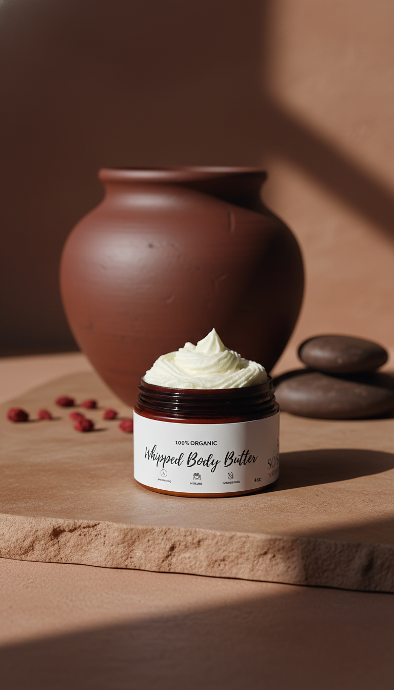 A jar of whipped body butter sits on a rustic stone slab with colorful vases and stones in the background.