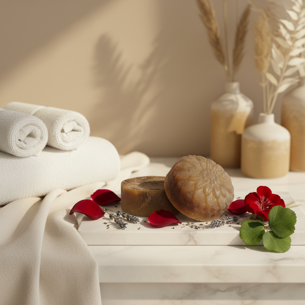 Two round soap bars on a marble surface with folded white towels, dried lavender, red flower petals, and vases.