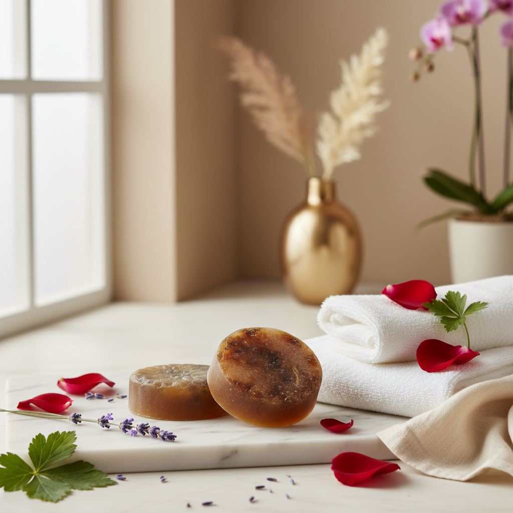 Two round soap bars on a marble surface with folded white towels, dried lavender, red flower petals, and vases.