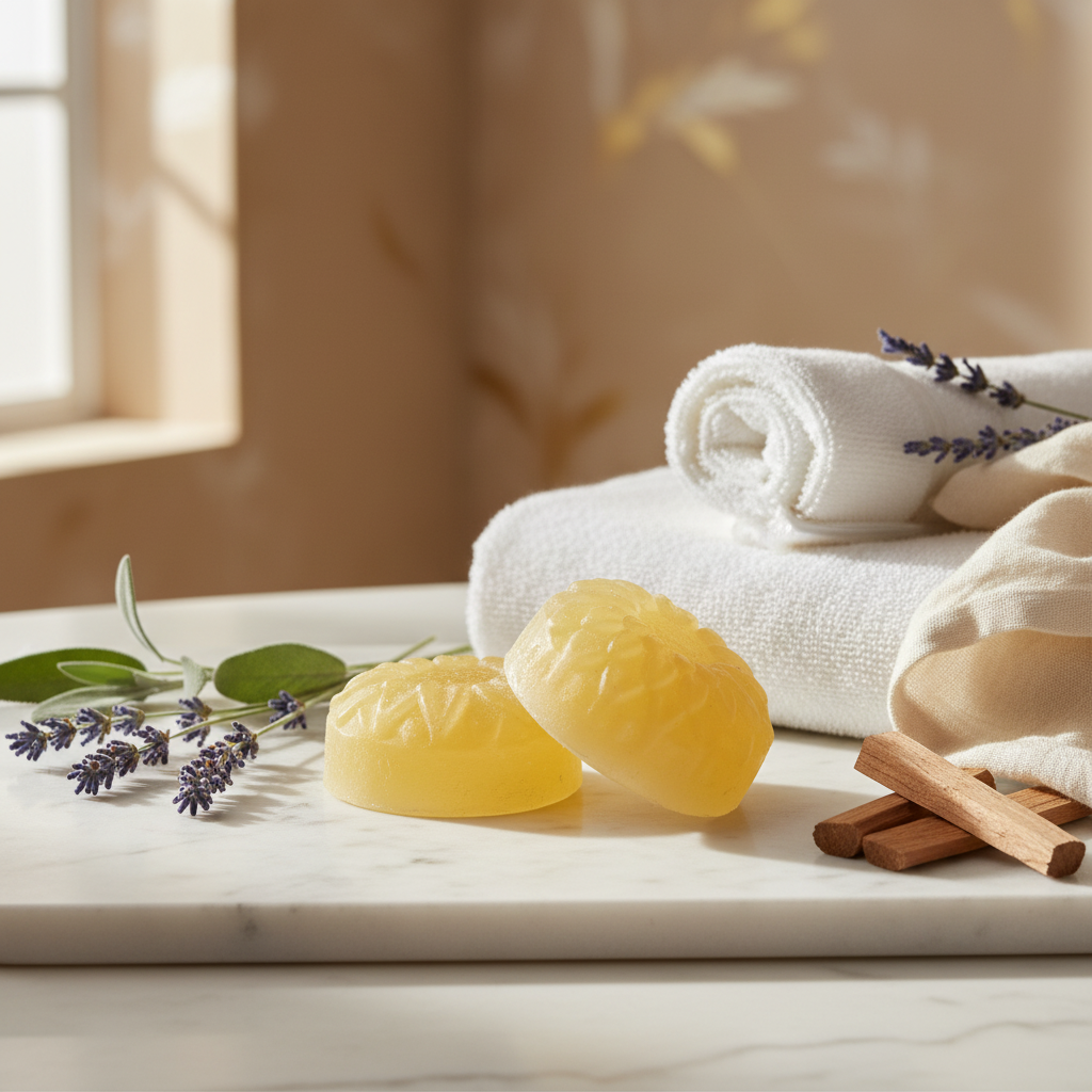 A yellow soap bar rests on a marble tray with white towels, small vases, and herbs in a serene, bright bathroom setting.