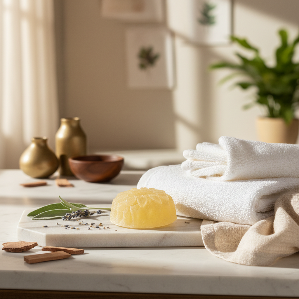 A yellow soap bar rests on a marble tray with white towels, small vases, and herbs in a serene, bright bathroom setting.