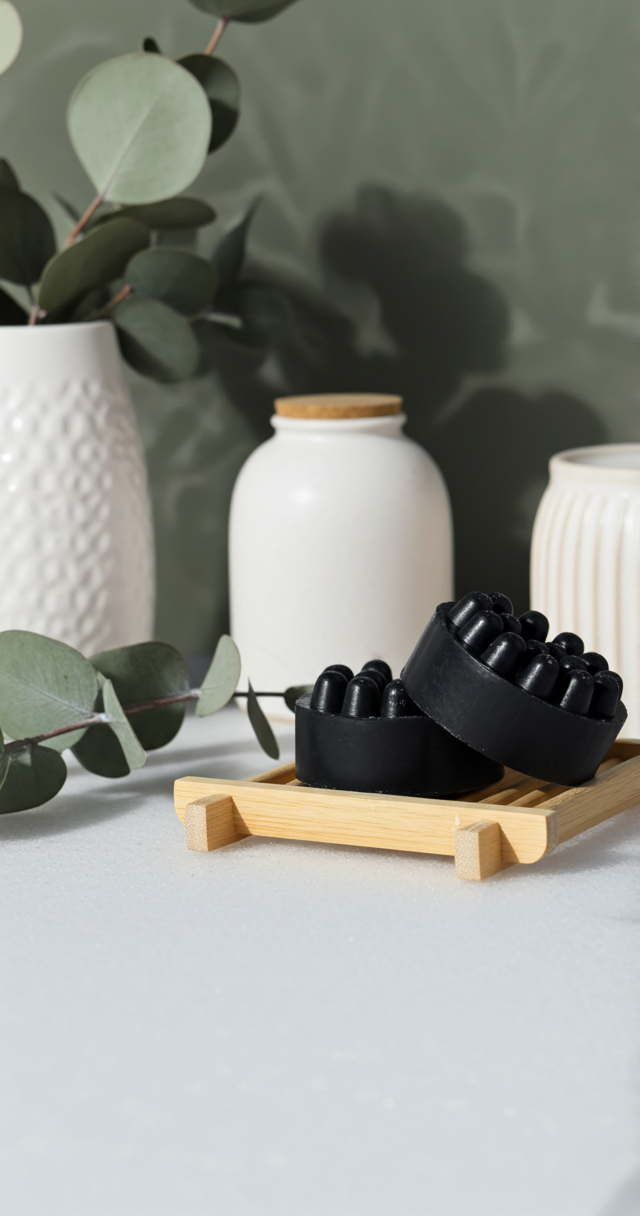 Two black scalp massagers sit on a small wooden tray next to white vases and eucalyptus leaves against a green wall.
