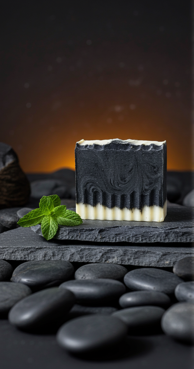 A bar of two-toned black and white soap with a sprig of mint, displayed on dark stone tiles amidst smooth black pebbles.