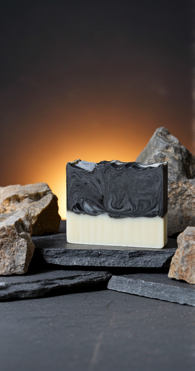 A bar of two-toned black and white soap with a sprig of mint, displayed on dark stone tiles amidst smooth black pebbles.