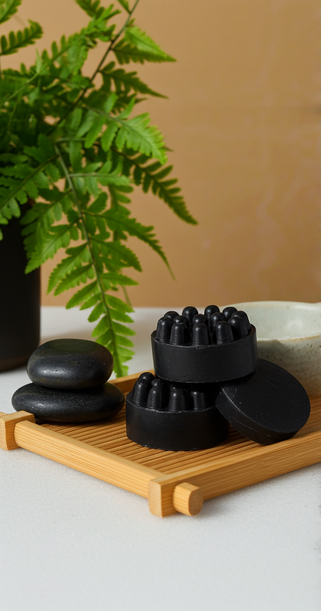 Two black scalp massagers sit on a small wooden tray next to white vases and eucalyptus leaves against a green wall.