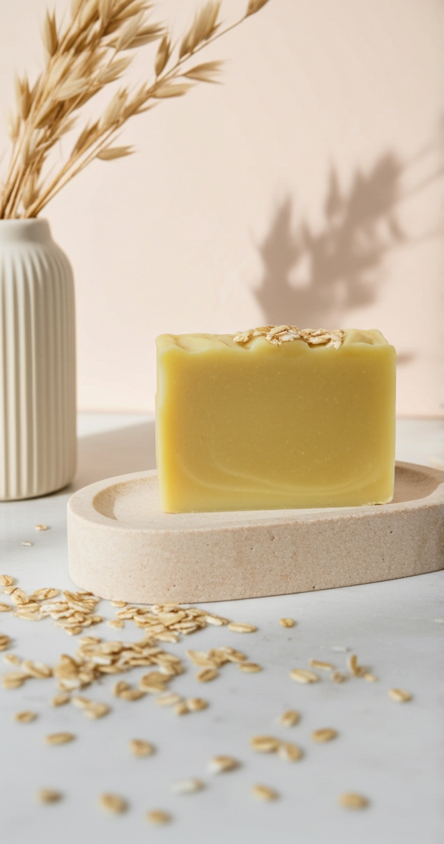 A pale yellow bar of oatmeal soap rests on a stone dish, surrounded by scattered oats with a wheat stalk in a vase.