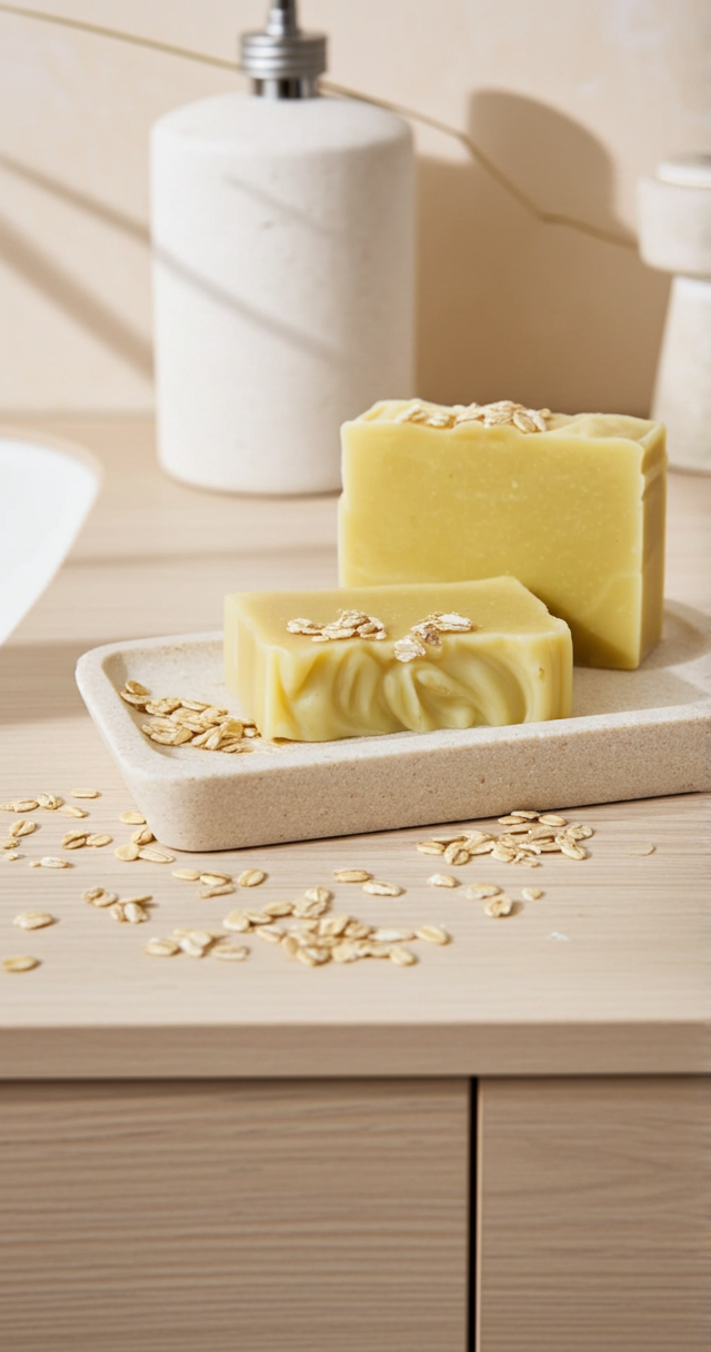 A pale yellow bar of oatmeal soap rests on a stone dish, surrounded by scattered oats with a wheat stalk in a vase.