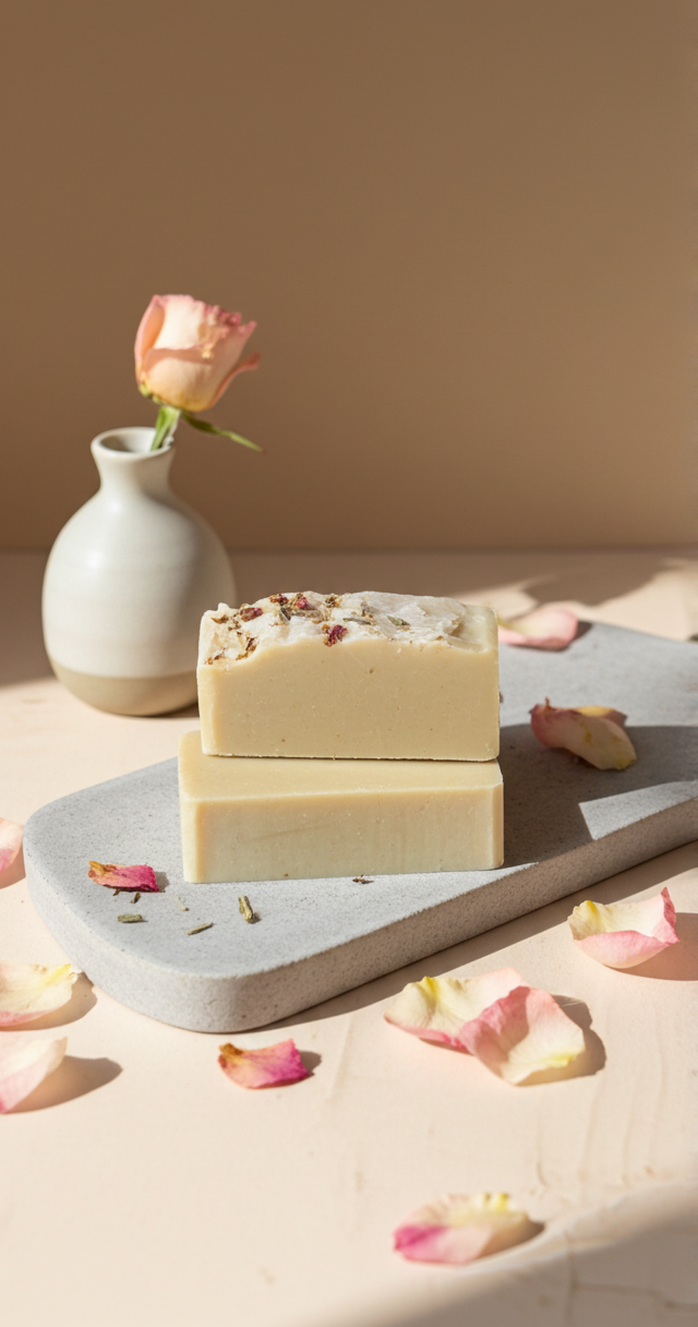 Two stacked bars of soap on a stone tray with scattered rose petals and a single rose in a small vase against a tan wall.