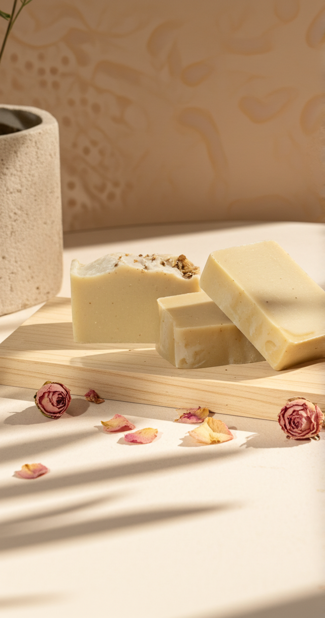 Two stacked bars of soap on a stone tray with scattered rose petals and a single rose in a small vase against a tan wall.