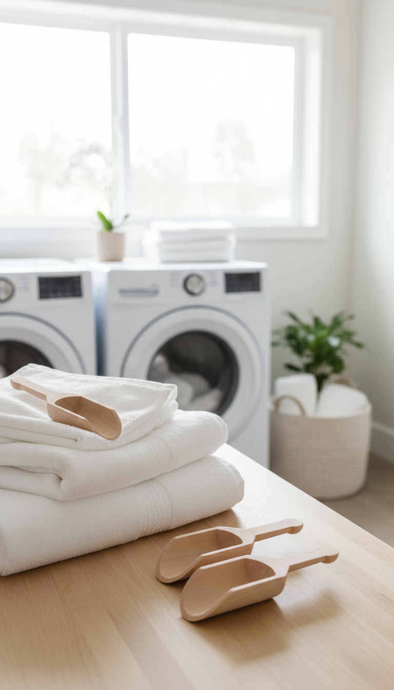 A white vase with dried sprigs, a glass jar of white crystals with a cork lid, and a wooden scoop on a wooden shelf.