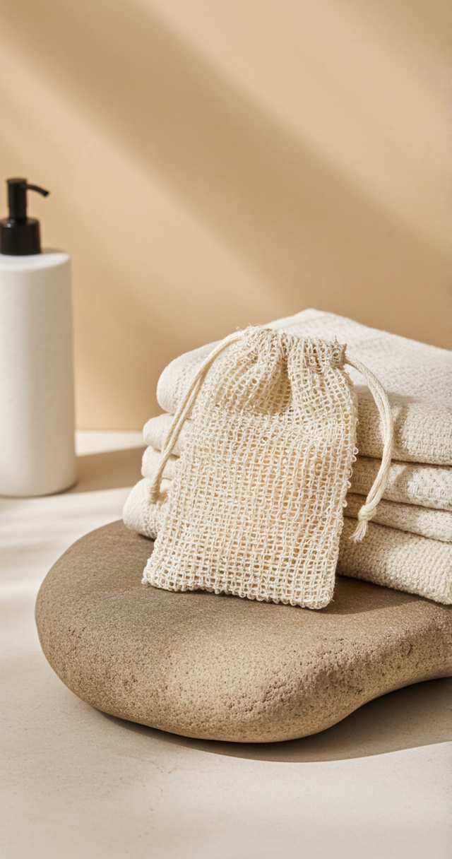 A beige drawstring soap pouch sits on a gray stone in front of a stack of folded white towels, with sprigs of lavender.