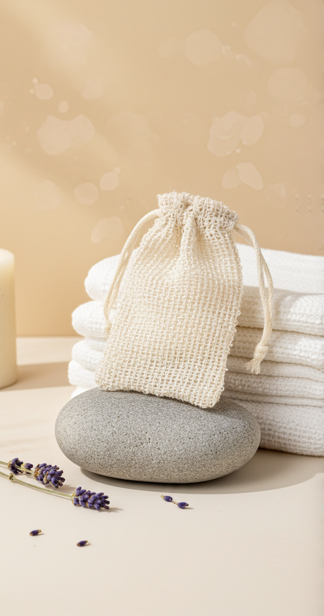 A beige drawstring soap pouch sits on a gray stone in front of a stack of folded white towels, with sprigs of lavender.