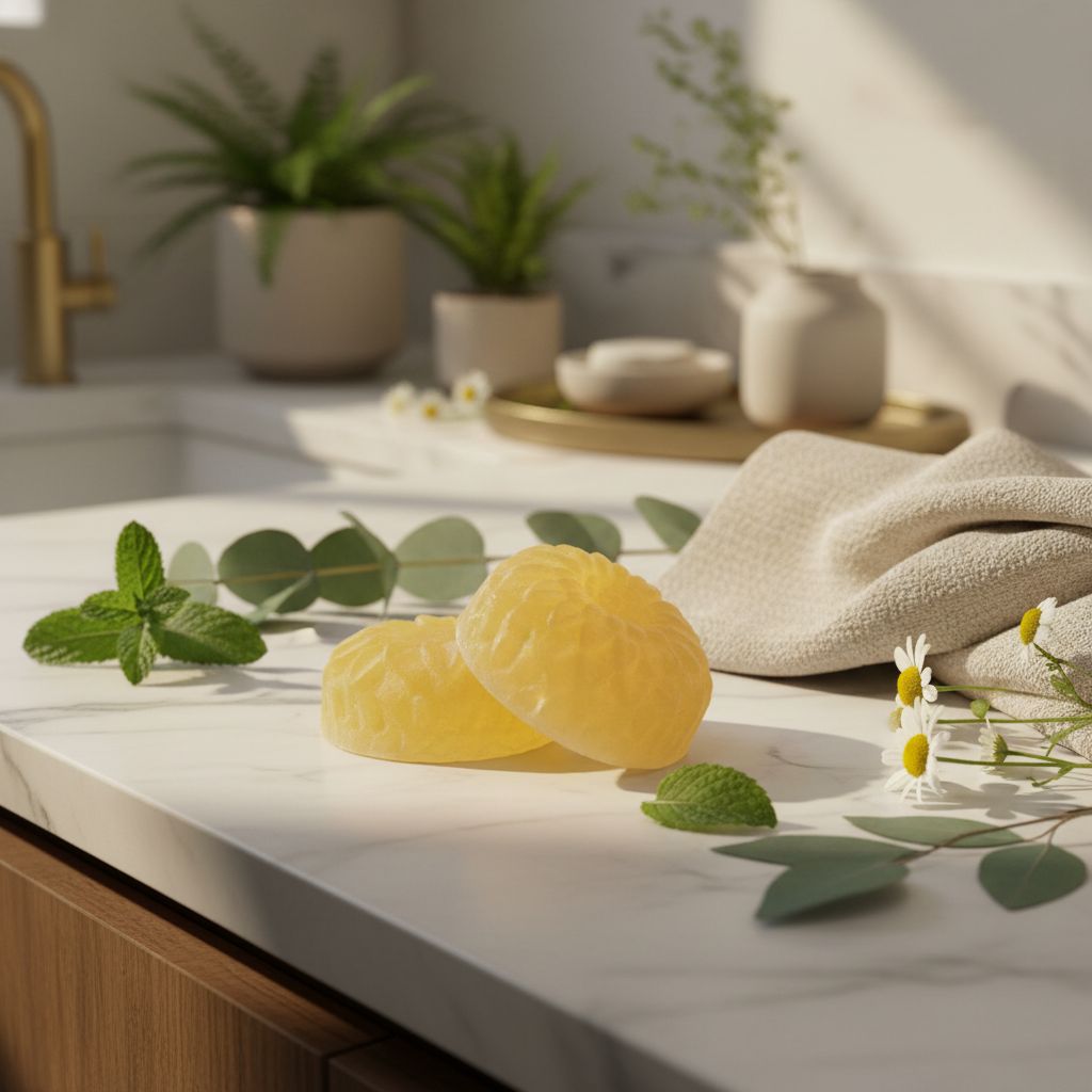 Two translucent yellow soap bars sit on a white marble counter near fresh mint, chamomile flowers, and a folded towel.