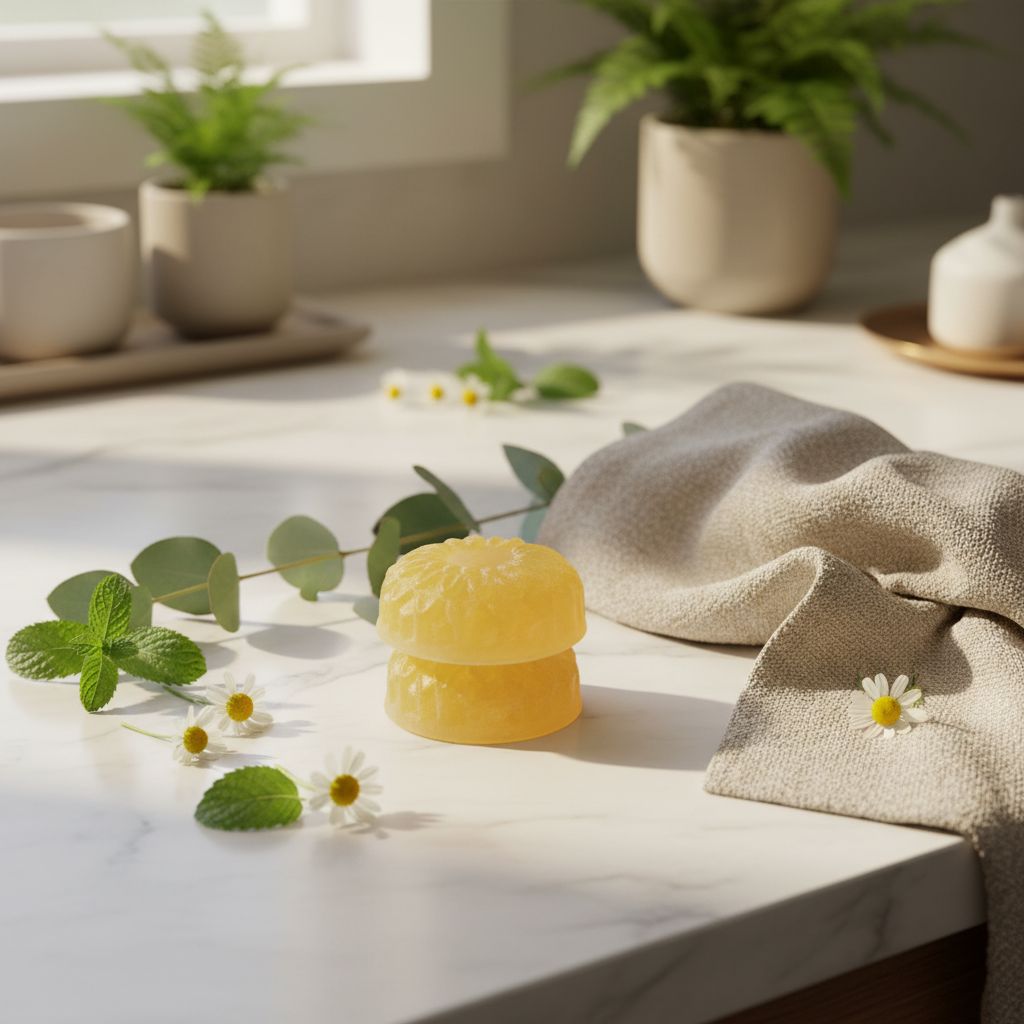 Two translucent yellow soap bars sit on a white marble counter near fresh mint, chamomile flowers, and a folded towel.
