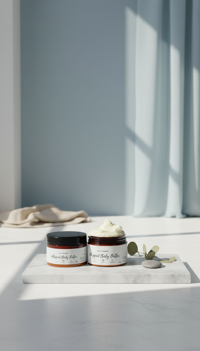 A jar of whipped body butter sits on a white stone tray next to a small sprig of lavender and blurred vases.