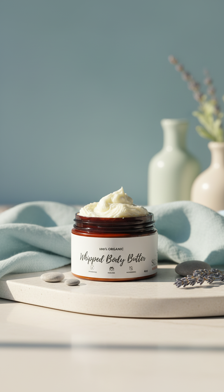A jar of whipped body butter sits on a white stone tray next to a small sprig of lavender and blurred vases.