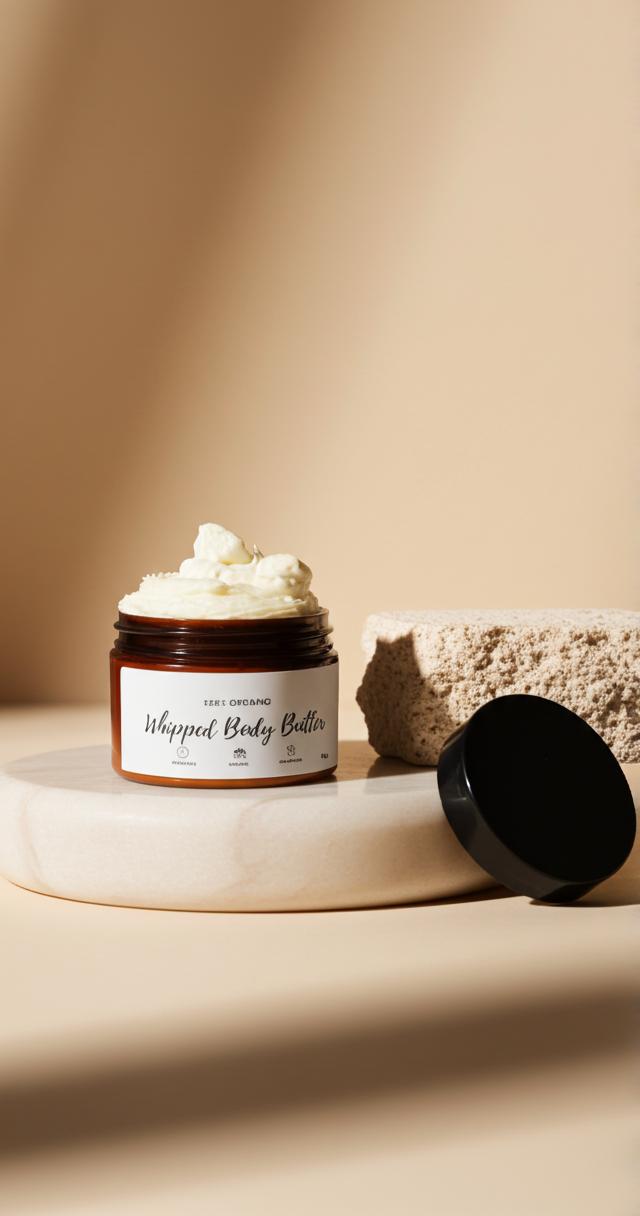 An amber jar of white body butter sits on a round stone platform next to its black lid against a soft, tan background.