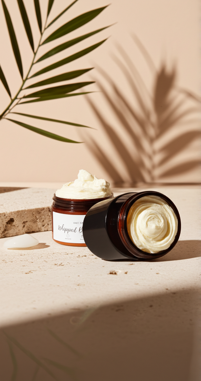 Two brown glass jars filled with thick, cream-colored body butter sit on a textured stone surface with palm leaf shadows.