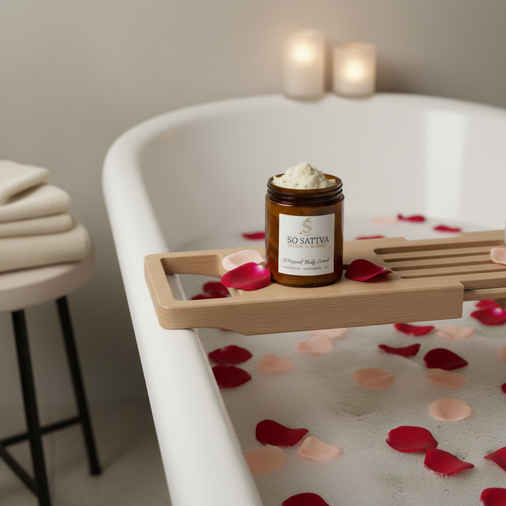 A candle sits on a wooden bathtub tray, surrounded by scattered red and pink rose petals in a bubbly bath.