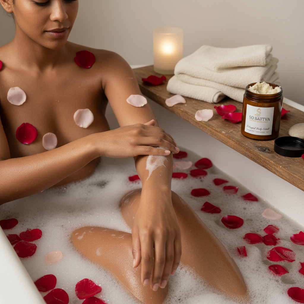 A candle sits on a wooden bathtub tray, surrounded by scattered red and pink rose petals in a bubbly bath.