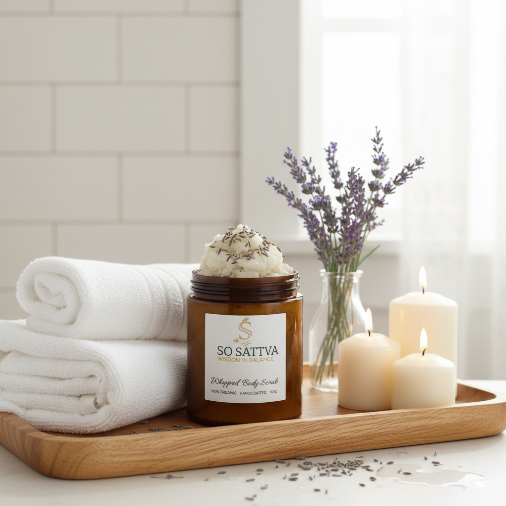 A spa setting with a jar of lavender body scrub, white folded towels, lavender stems in a vase, and two lit candles.