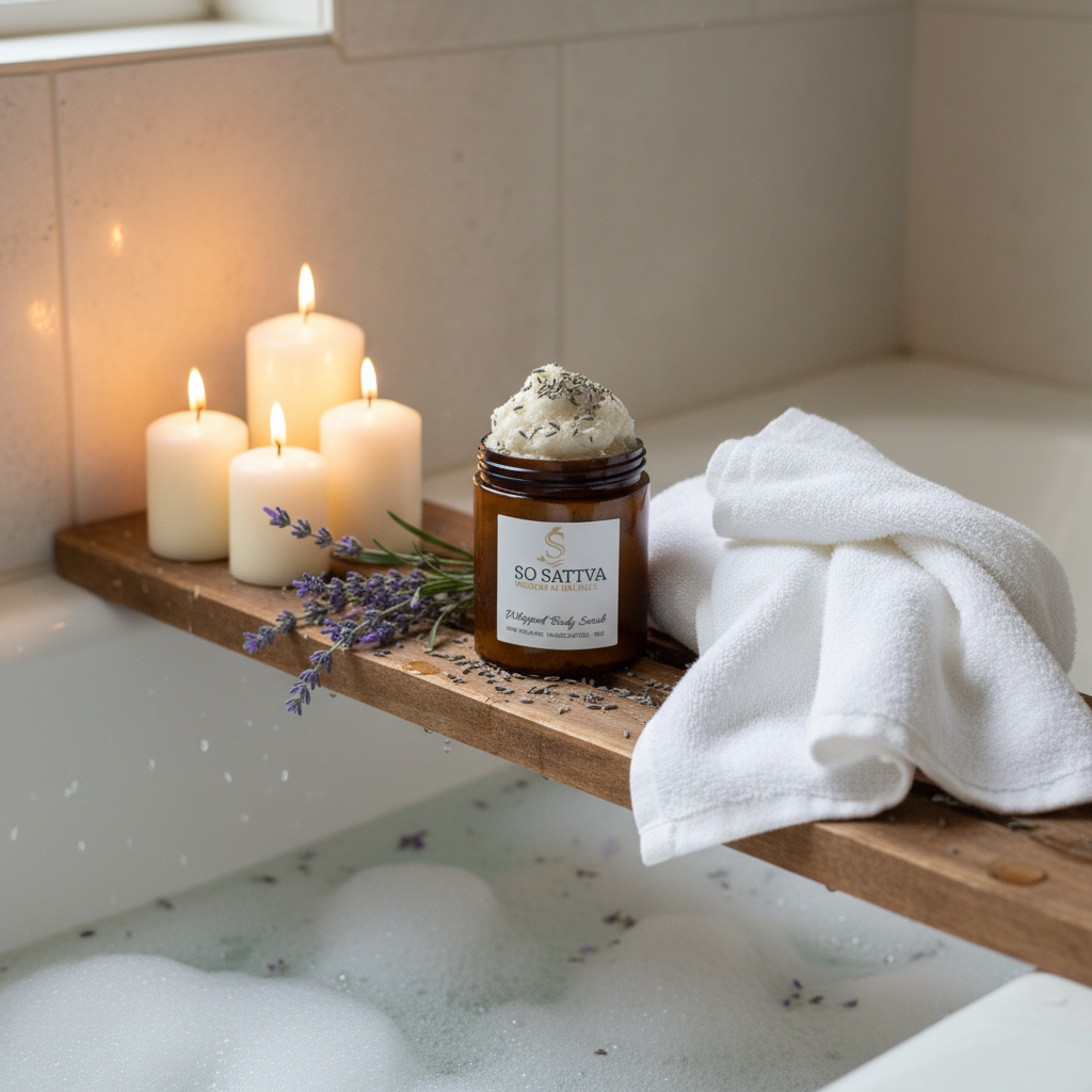 A spa setting with a jar of lavender body scrub, white folded towels, lavender stems in a vase, and two lit candles.