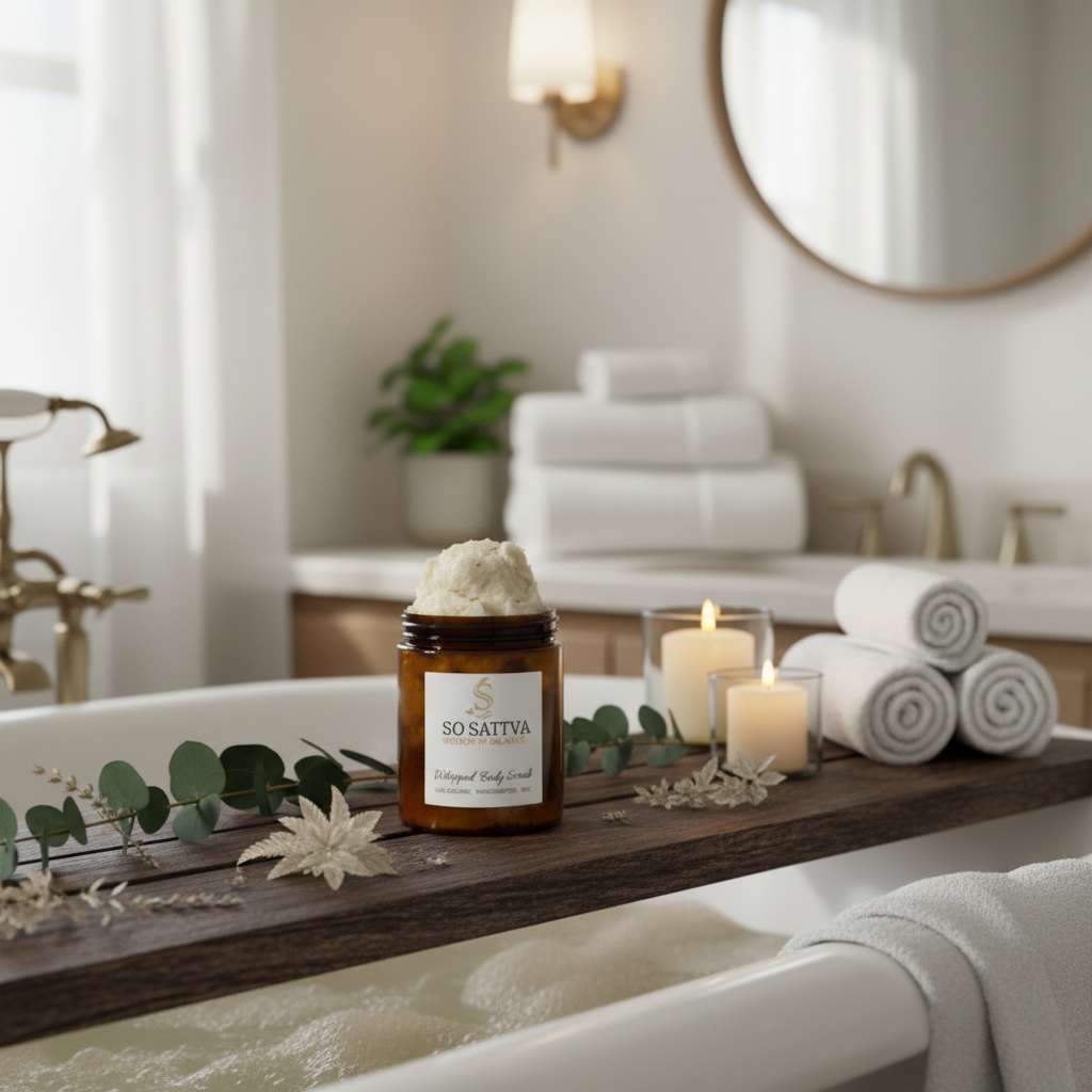 A jar of So Sattva whipped body scrub sits on a table with lit candles, mint leaves, and a rolled towel in a spa setting.