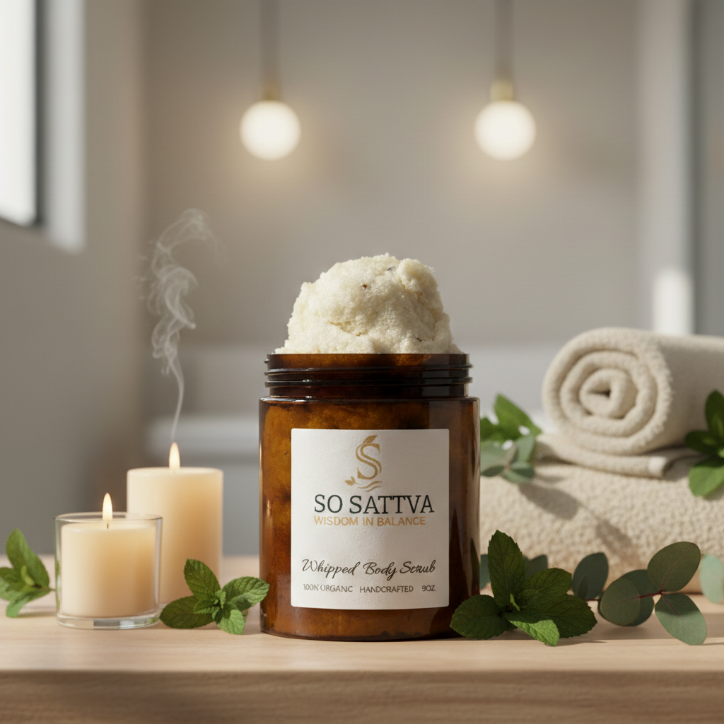 A jar of So Sattva whipped body scrub sits on a table with lit candles, mint leaves, and a rolled towel in a spa setting.
