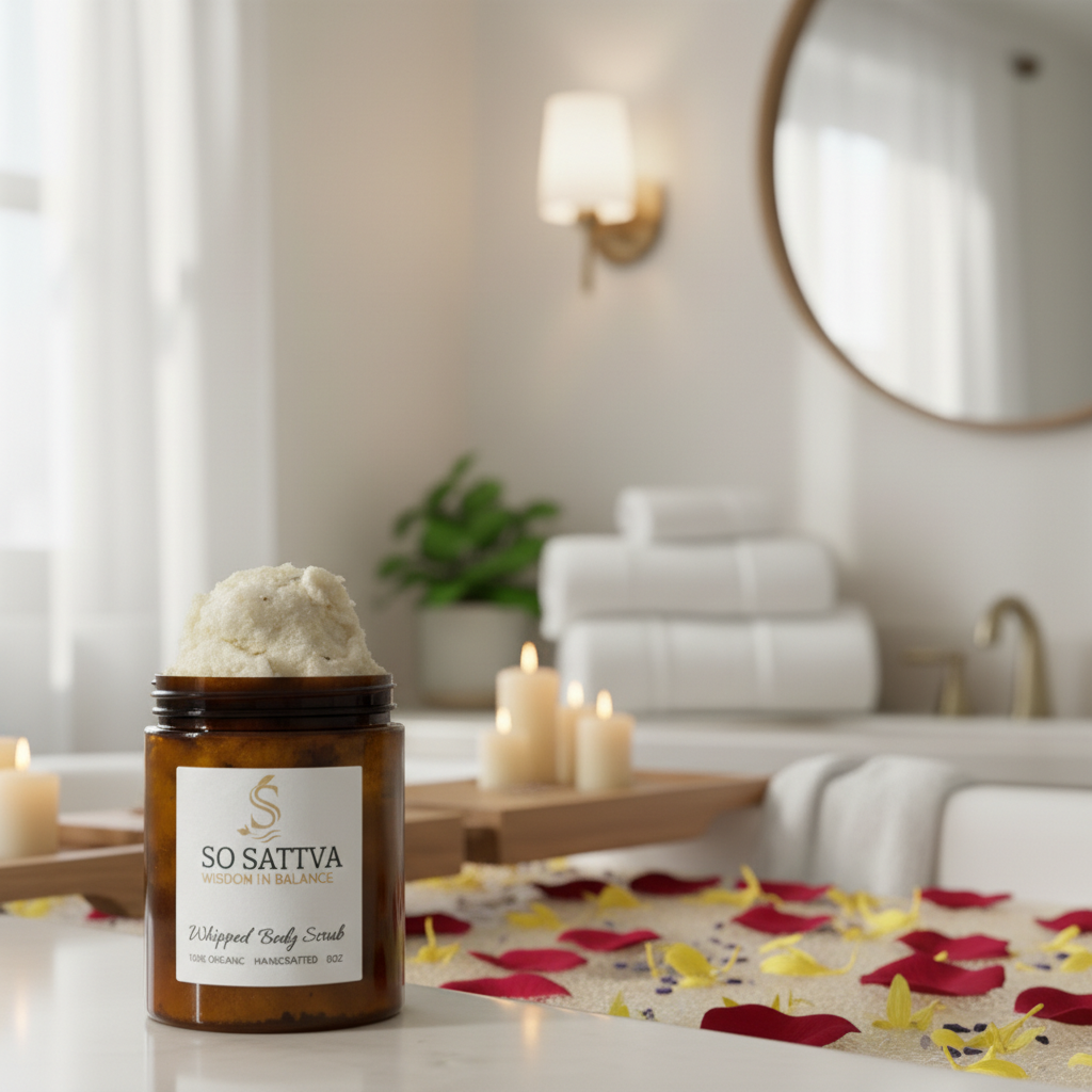A jar of So Sattva whipped body scrub sits on a counter, surrounded by yellow flowers and red petals in a bathroom.
