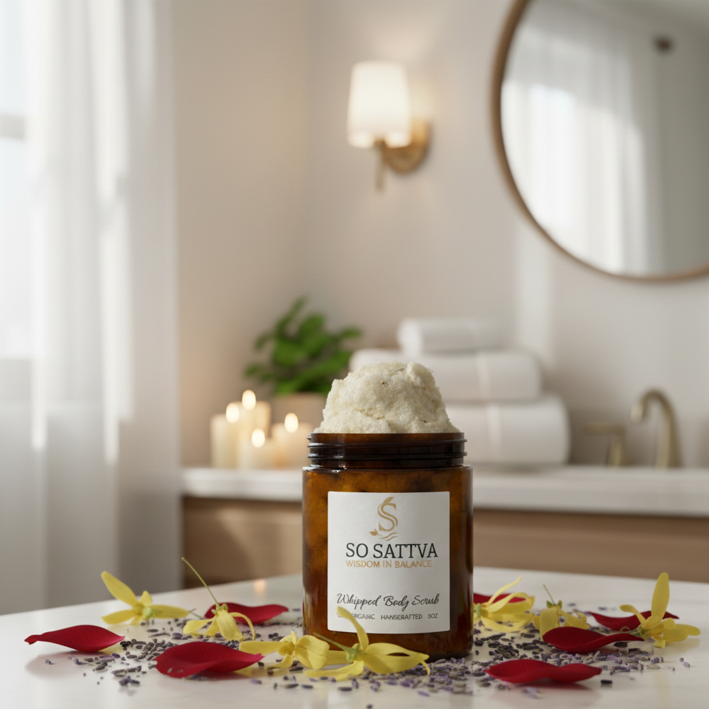 A jar of So Sattva whipped body scrub sits on a counter, surrounded by yellow flowers and red petals in a bathroom.