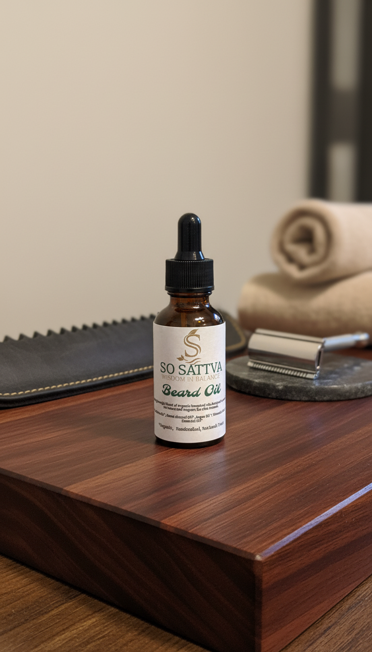 A bottle of beard oil stands on a wooden surface with a razor and rolled towels in the background.