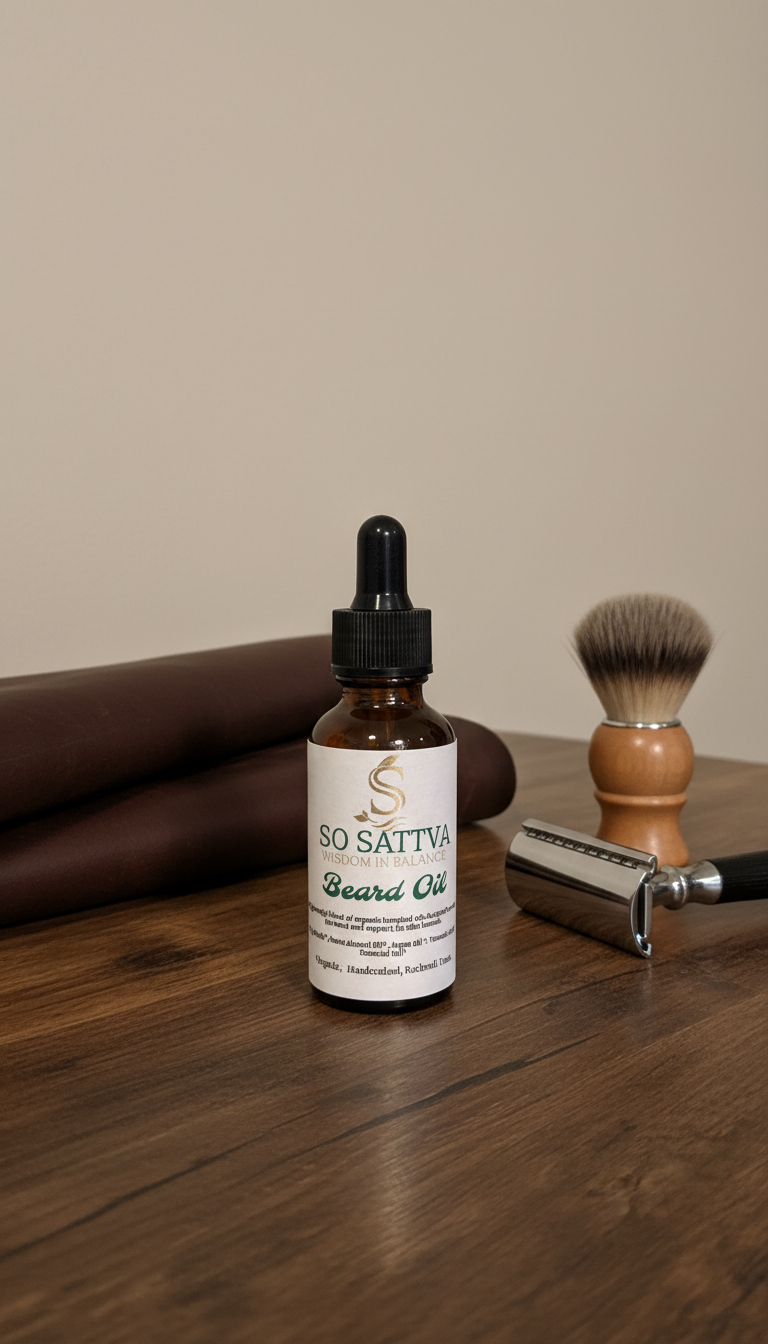 A bottle of beard oil stands on a wooden surface with a razor and rolled towels in the background.