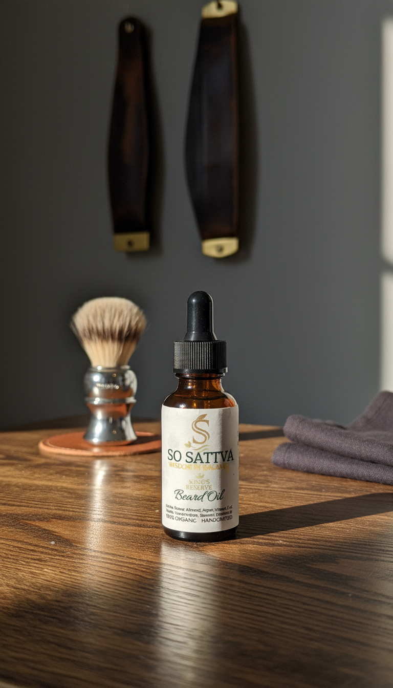 A dropper bottle of So Sativa Facial Oil sits on a wooden table beside a shaving brush and a grey towel.