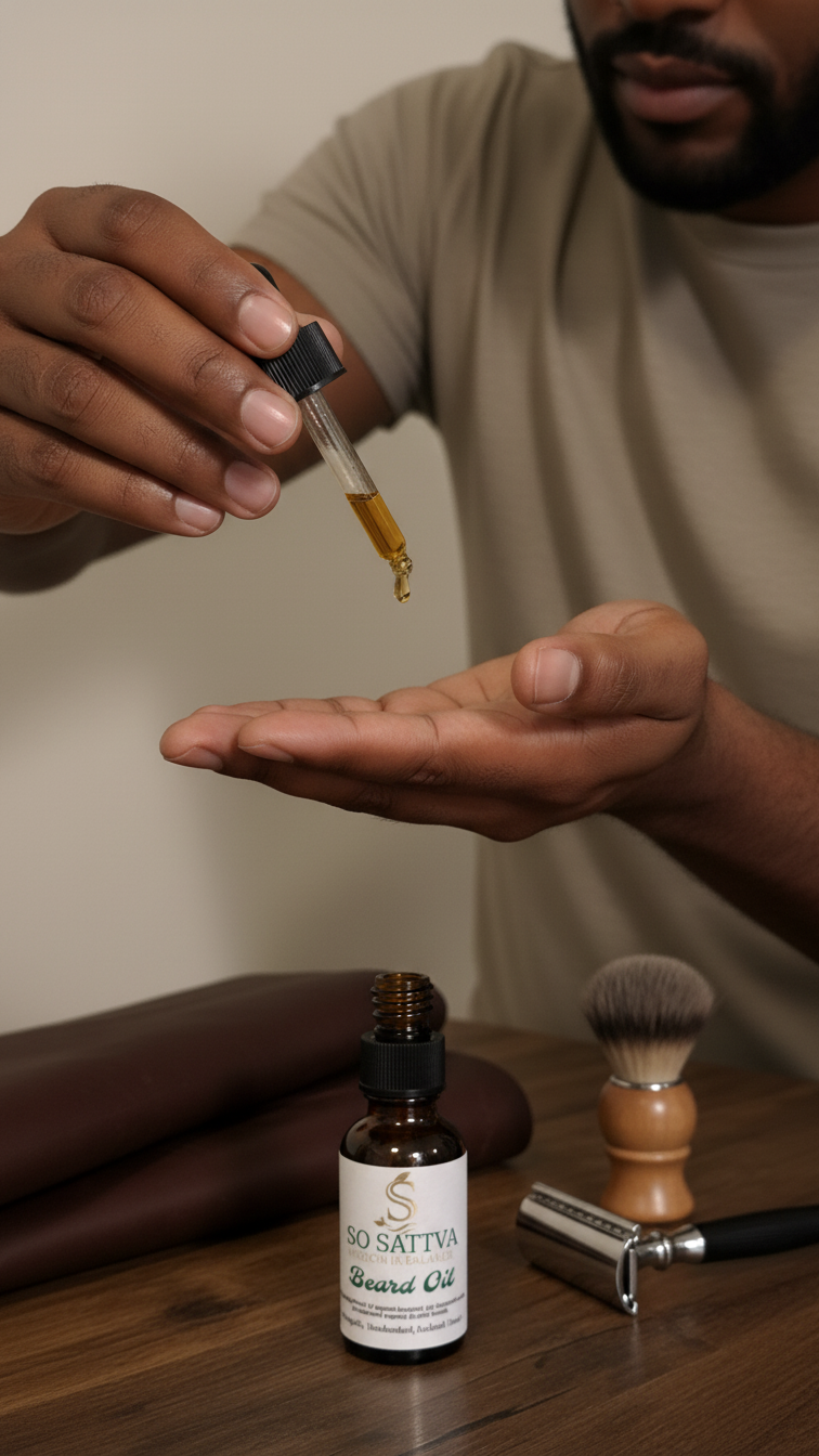 A bottle of Stratton shaving oil with a safety razor on a rocky outcrop, set against a backdrop of snow-capped mountains.