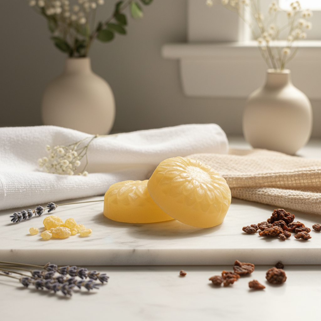Two yellow circular soaps sit on a marble surface with lavender, small pebbles, a white cloth, and floral vases nearby.
