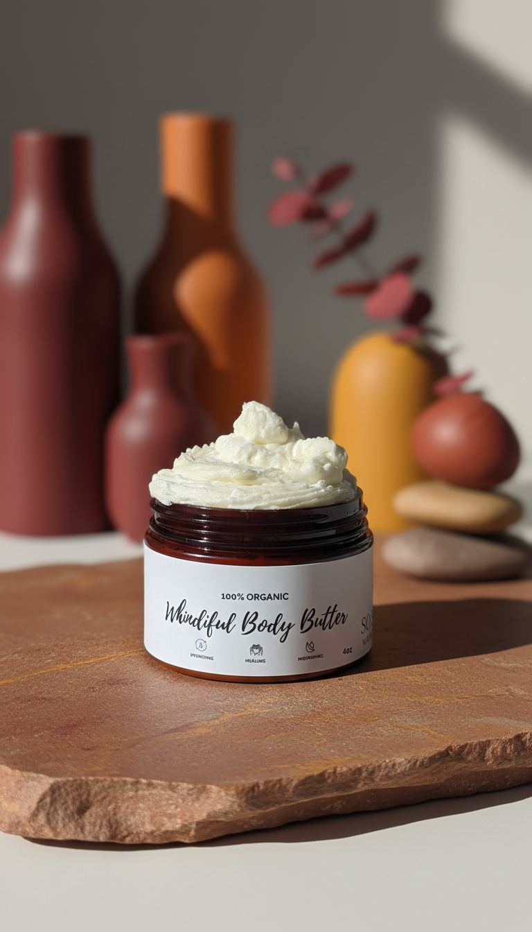 A jar of whipped body butter sits on a rustic stone slab with colorful vases and stones in the background.