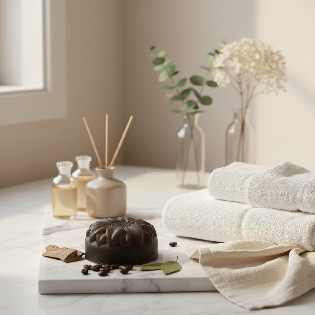 A dark soap bar with coffee beans and white towels on a marble tray next to reed diffusers and dried flowers.