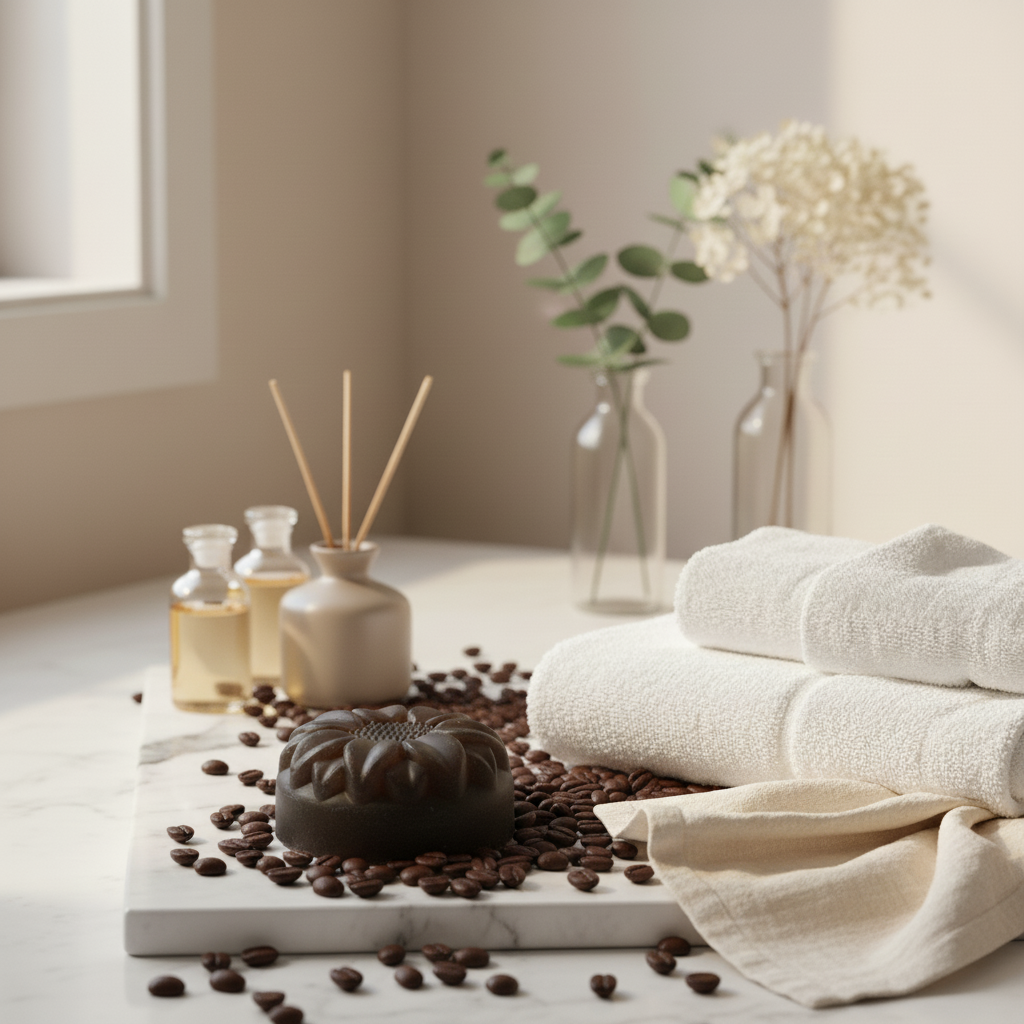 A dark soap bar with coffee beans and white towels on a marble tray next to reed diffusers and dried flowers.