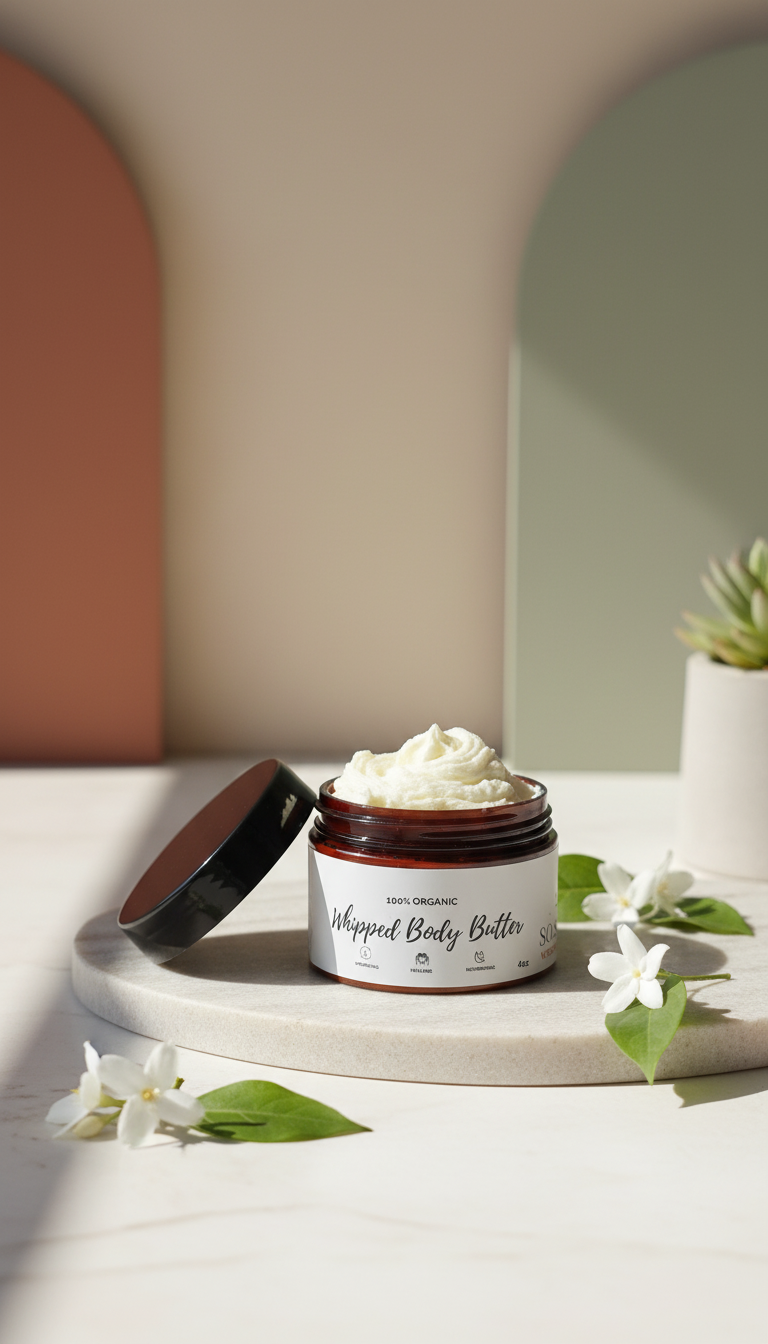 An open jar of white whipped body butter sits on a stone coaster with small white flowers, against a modern background.