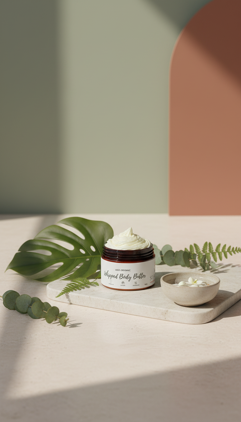 An open jar of white whipped body butter sits on a stone coaster with small white flowers, against a modern background.