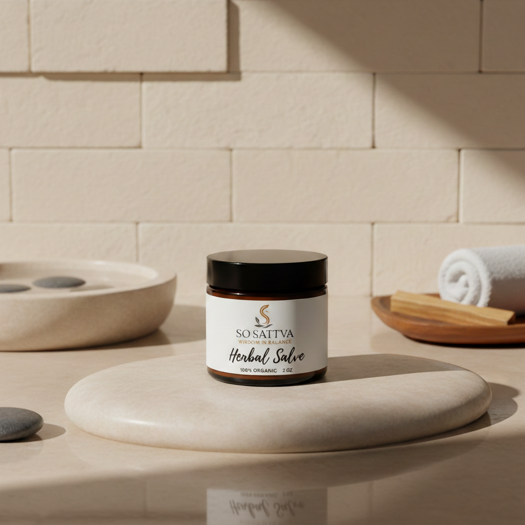 A jar of Sobahia Herbal Salve rests on a stone base surrounded by greenery, a glass bottle, and a towel near a tiled wall.