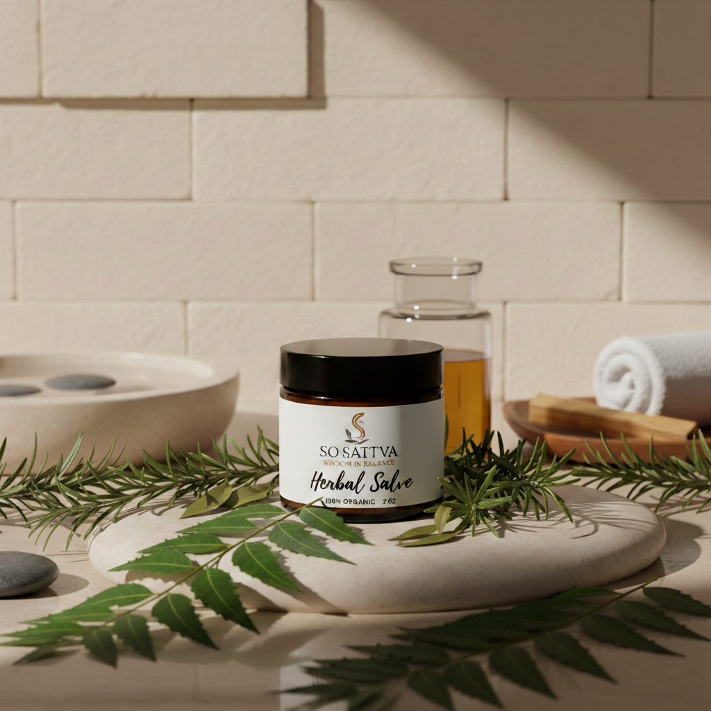 A jar of Sobahia Herbal Salve rests on a stone base surrounded by greenery, a glass bottle, and a towel near a tiled wall.
