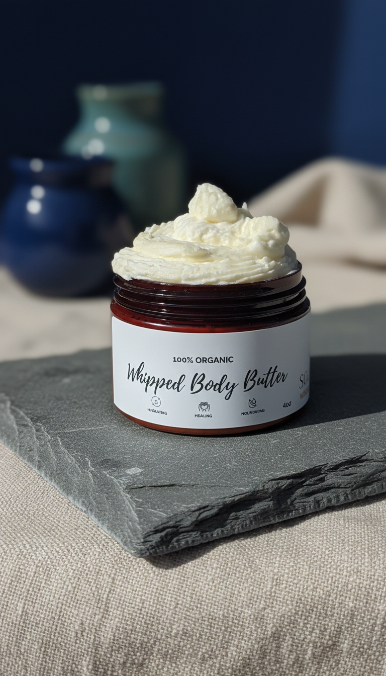 A jar of white whipped body butter sits on a grey stone slate, with blurred blue and teal vases in the background.