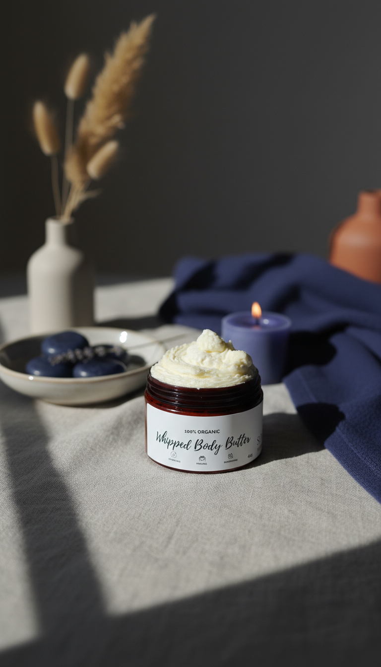 A jar of white whipped body butter sits on a grey stone slate, with blurred blue and teal vases in the background.
