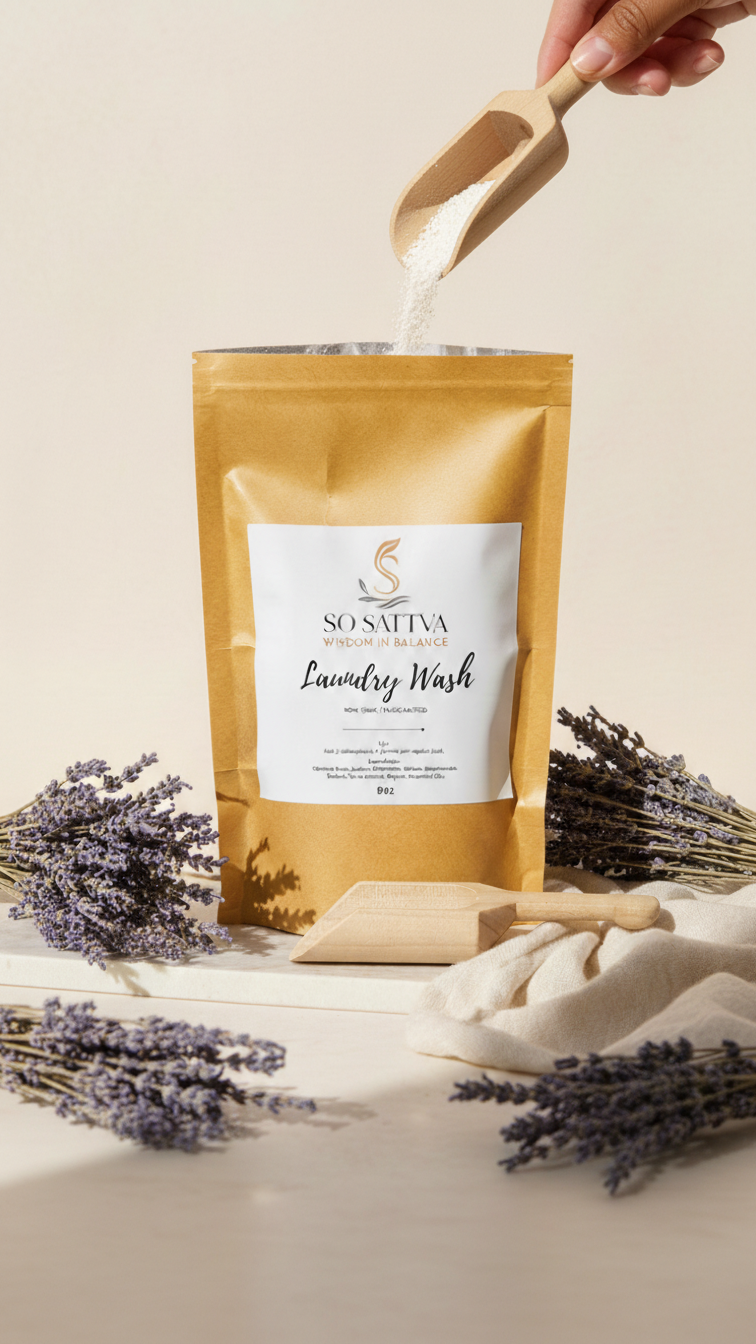 A hand pours white laundry powder from a wooden scoop into a brown pouch surrounded by sprigs of dried lavender.