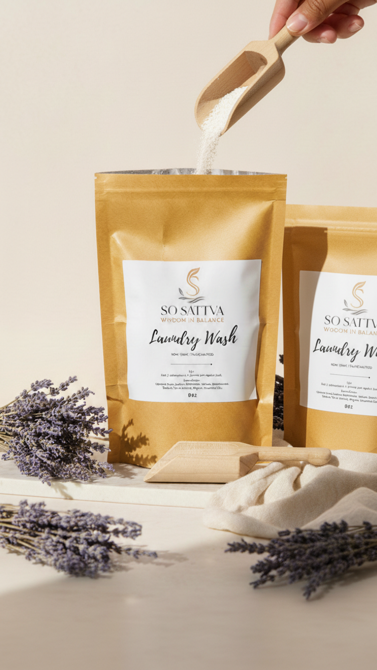 A hand pours white laundry powder from a wooden scoop into a brown pouch surrounded by sprigs of dried lavender.
