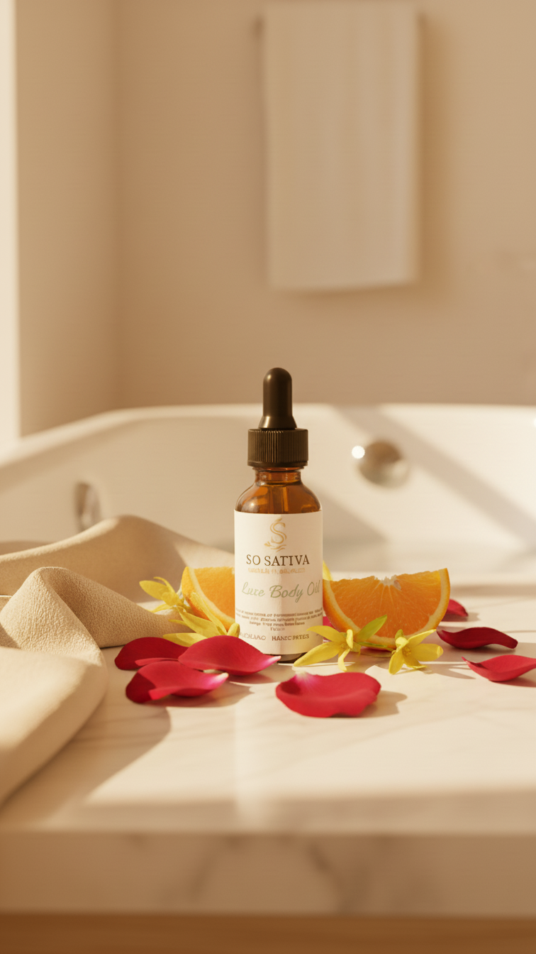 A dropper bottle of facial serum stands on a marble surface, surrounded by rose petals, orange slices, and yellow flowers.